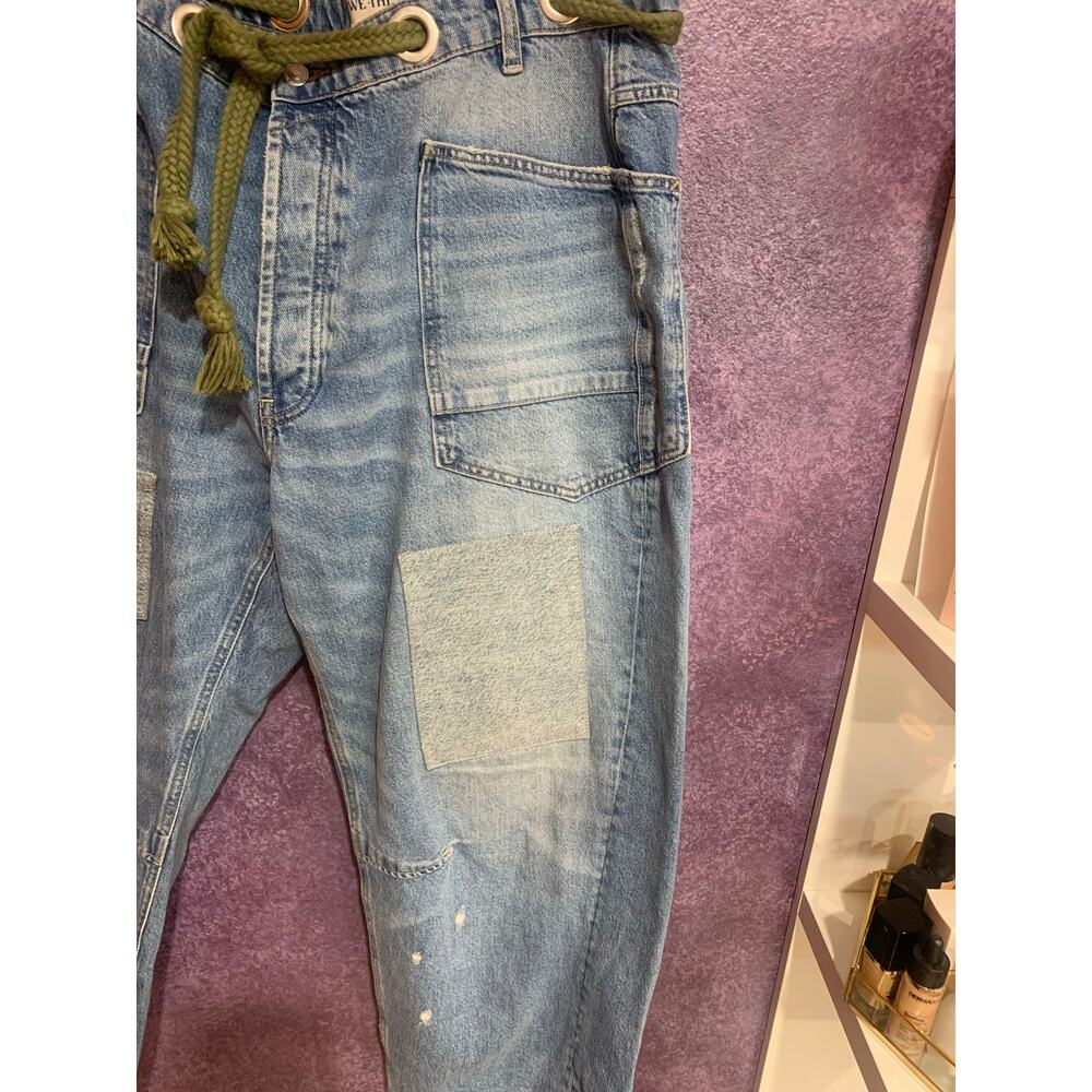 Free People Light Blue Patchwork Wide-Leg Denim with Olive Drawcord - Picture 6 of 13